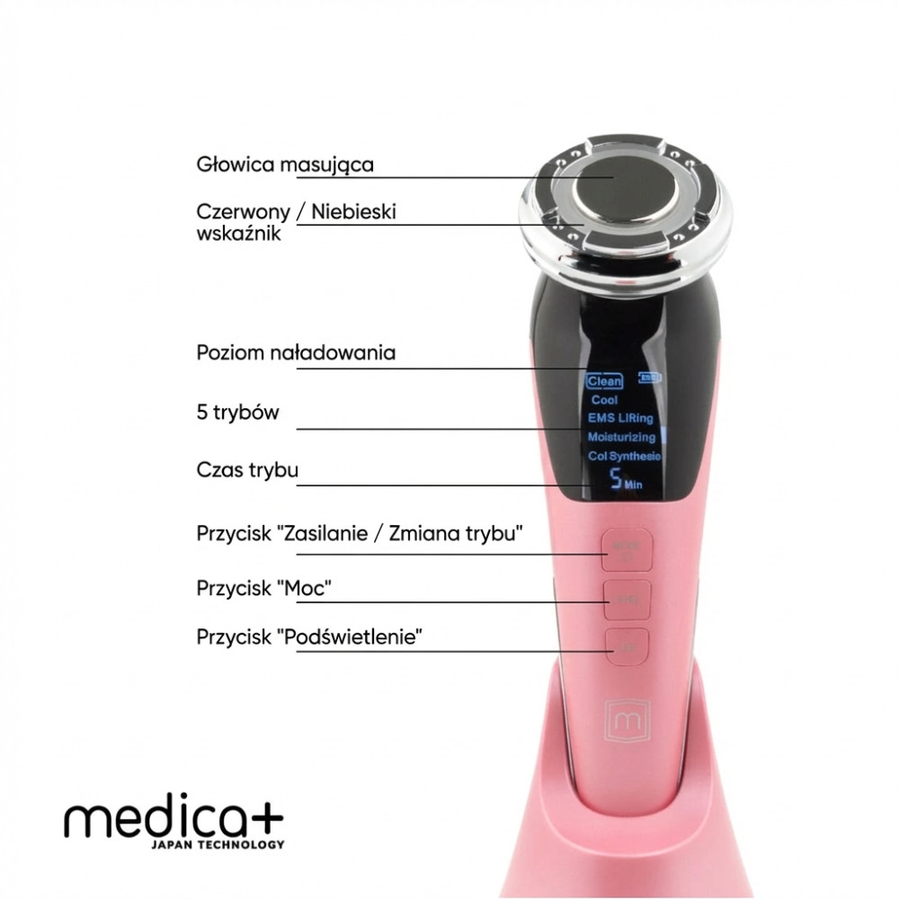 Mikroprądowy masażer do liftingu twarzy MEDICA+ RF Skin Lifting 7.0 Pink – EMS, LED (Japonia)